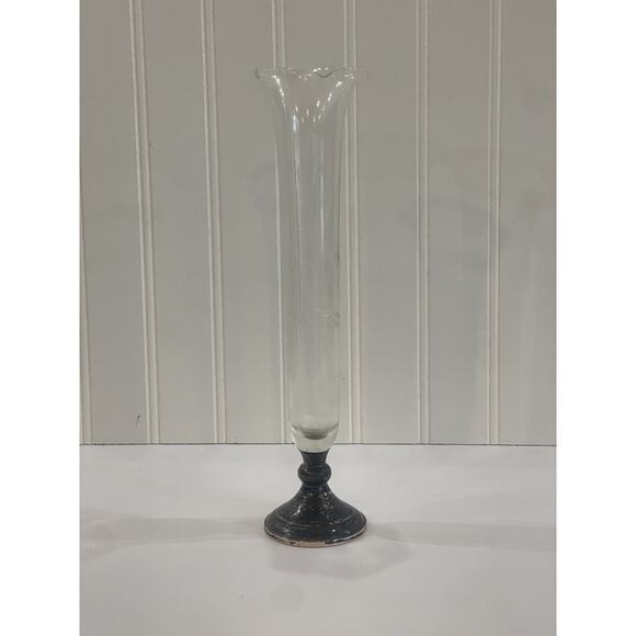 Vintage Web Pewter & Etched‎ Crystal Bud Vase Scalloped Edge Wheat Design 11" - Picture 1 of 7